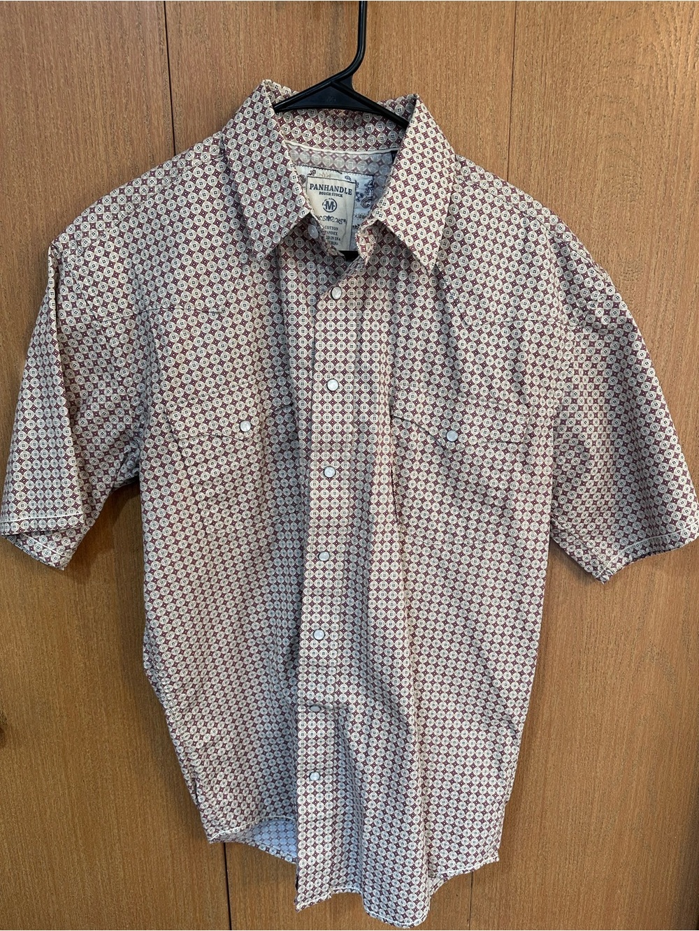 Panhandle Short Sleeve Button-Up Shirt in White, Red and Brown Geo Print